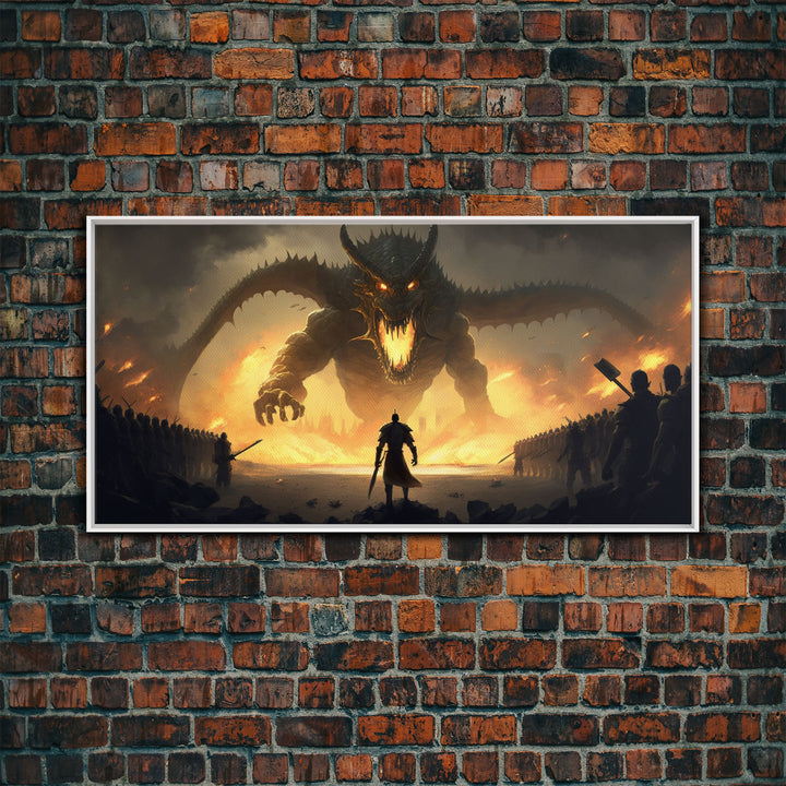 Warrior Facing Down a Dragon, Framed Canvas Print, Unique Fantasy Wall Art, In The Time of Dragons