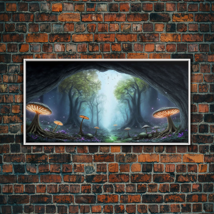 Magical Enchanted Mushroom Forest, Fantasy Art, Framed Canvas Print, Bioluminescent Butterflies in an Enchanted Forest, Glowing Art