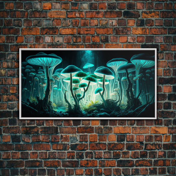 The Forest Floor, Framed Canvas Print, Glowing Mushrooms, Bioluminescent Mushroom Art, Color fantasy wall art