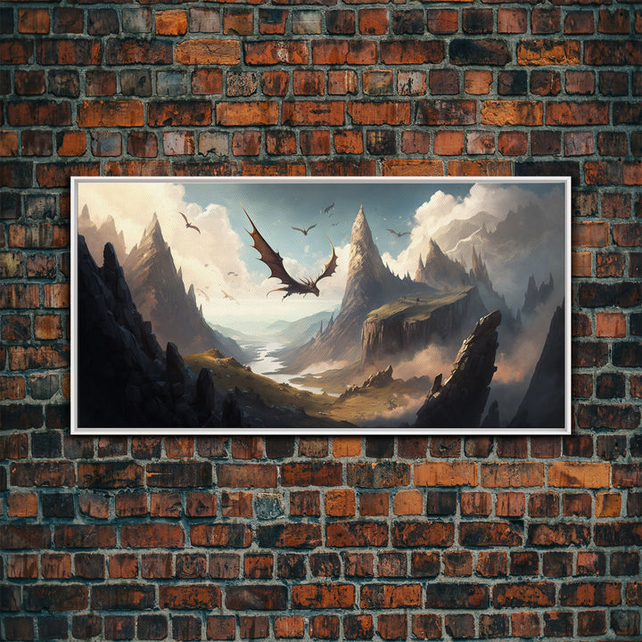 Dragons in Flight Over a Valley, Fantasy Art, Framed Canvas Print, Medieval Fantasy Art, Fire breathing dragons