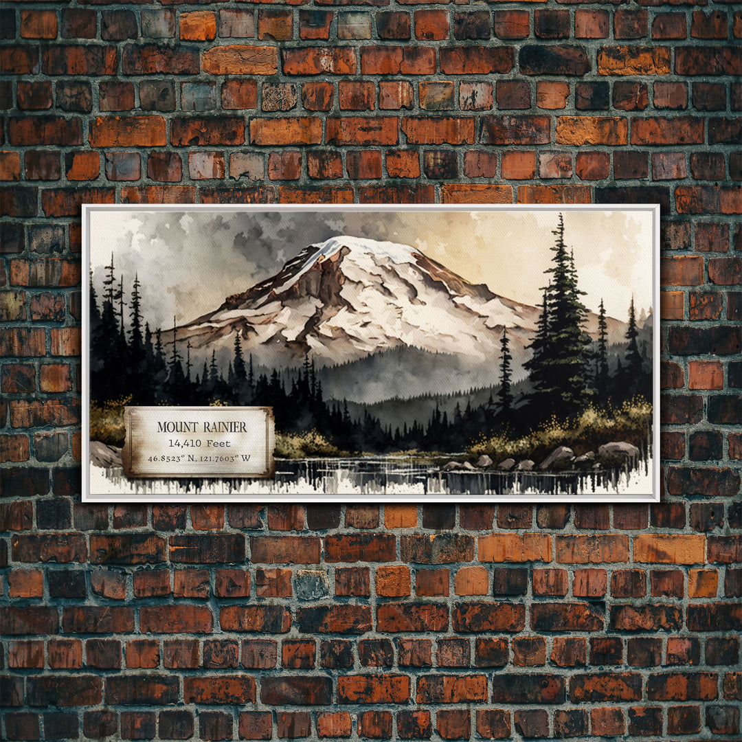 Mount Rainier, Travel Poster Wall Art, Framed Canvas Print, American Mountains, Mountain Landscape Painting