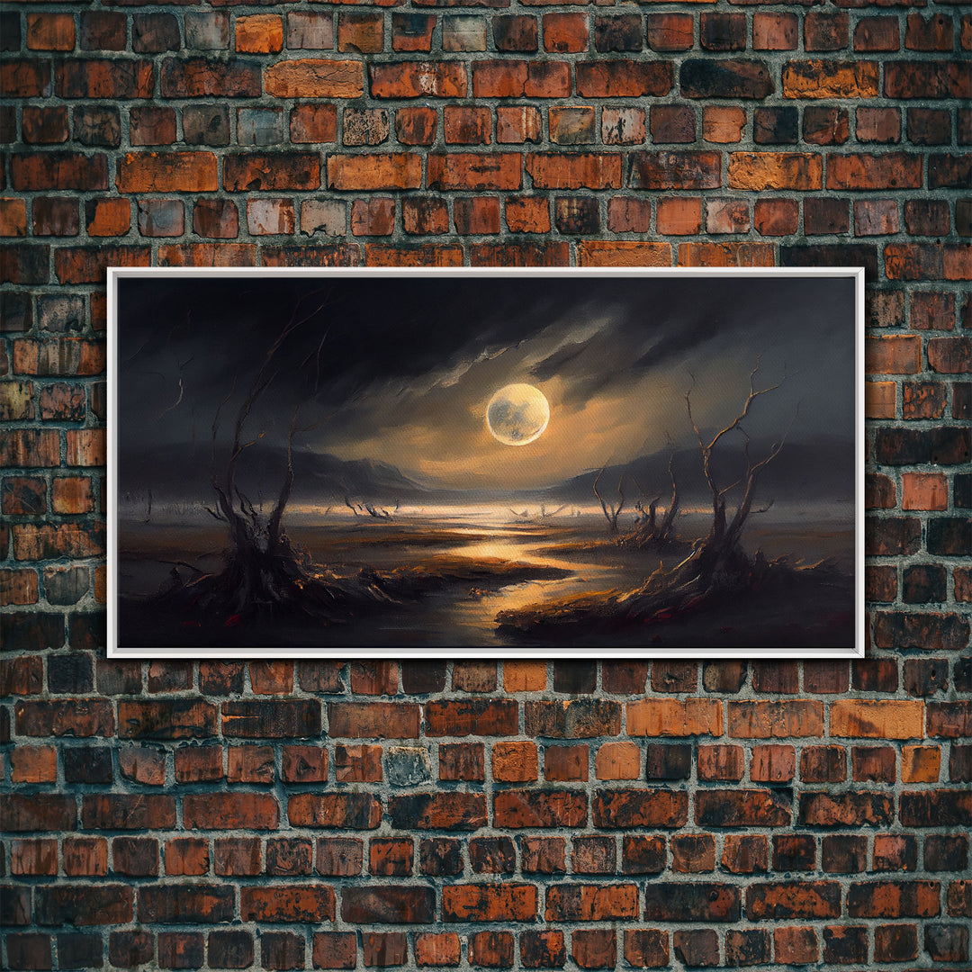 Midnight In The Swamp, Framed Canvas Print, Fantasy Art Canvas, Wall Art, Game Room Art, Full moon