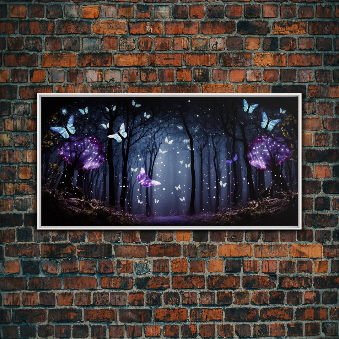 Glowing Butterflies, Framed Canvas Print, Fantasy Decor, High Fantasy Canvas Art, Fairy Forest