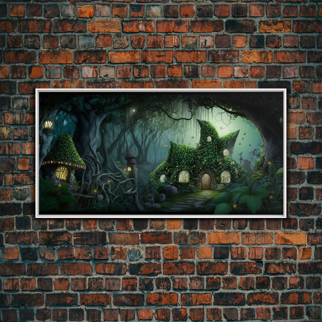 Gnome City, Wall Art, Fantasy Canvas Print, Framed Art, Tiny Gnome Houses On The Forest Floor