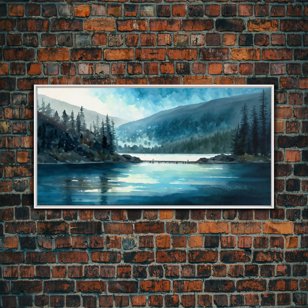 Mountain Lake, Watercolor Landscape Painting Canvas Print - Ready To Hang Large Gallery Wrapped Canvas Wall Art Prints With Floating Frames