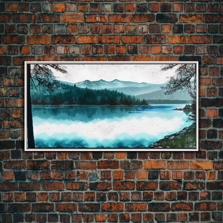 Mountain Lake, Watercolor Landscape Painting Canvas Print - Ready To Hang Large Gallery Wrapped Canvas Wall Art Prints With Floating Frames