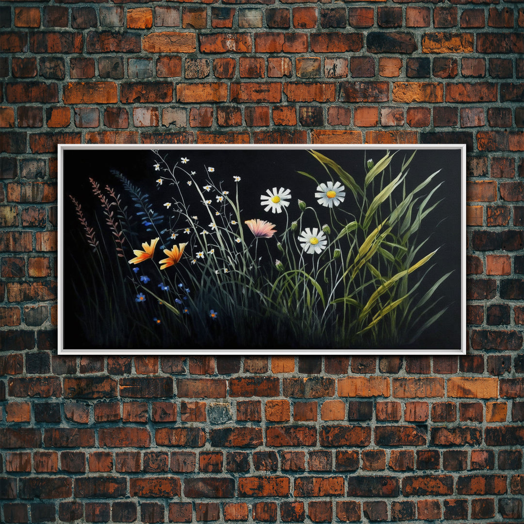 Meadow Flowers, Black Background, Framed Canvas Print, Floral Study Watercolor Painting