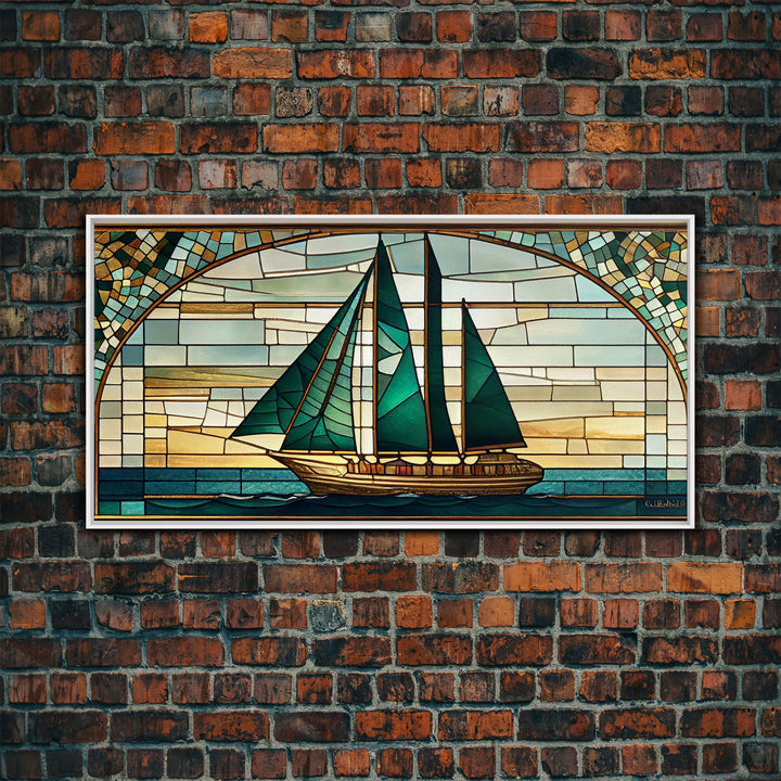 Emerald Green and Gold Art Deco Sail Boat, Framed Canvas Print, Retro MCM Style Wall Art, Midcentury Modern, Stained Glass, Huge Art