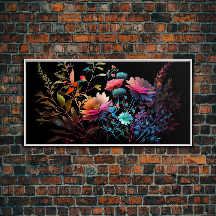 Wild Flower Art, Black Background, Framed Canvas Print, Canvas Art, Mother's Day, Watercolor Painting of Flowers on Canvas, Living Room Art