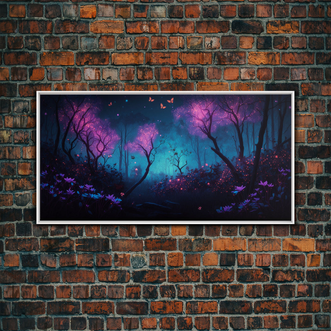 Beautiful forest canvas print Fantasy forest wall art Forest Painting, Framed Art, Glowing Butterflies