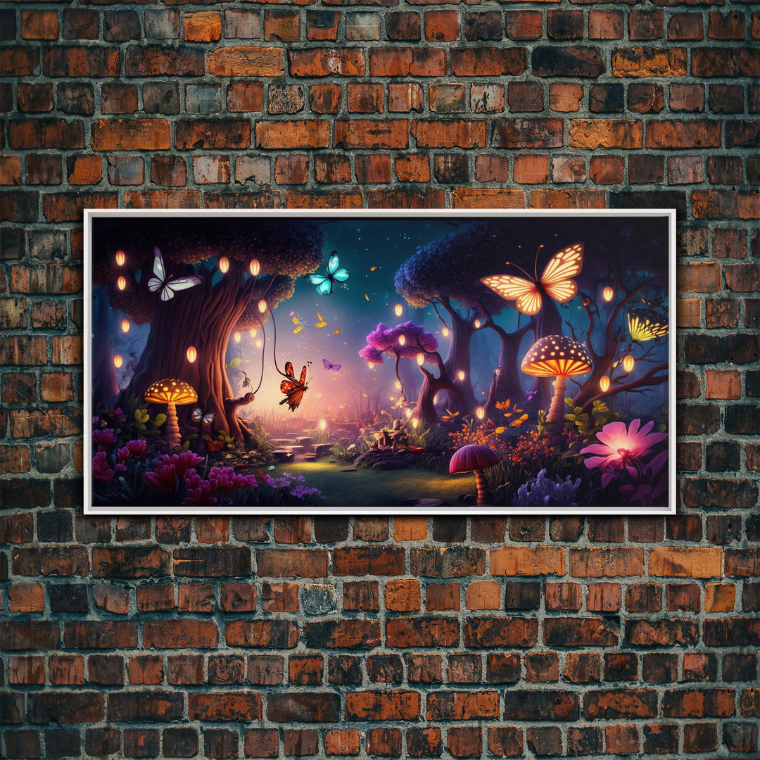 Vibrant Fantasy Forest Wall Art, The Forest Floor, Bioluminescent Glowing Butterflies, Gift, Framed Canvas Print