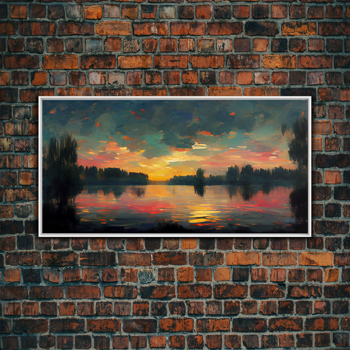 Lakehouse Canvas Print, watercolor painting of a sunset reflected on a lake