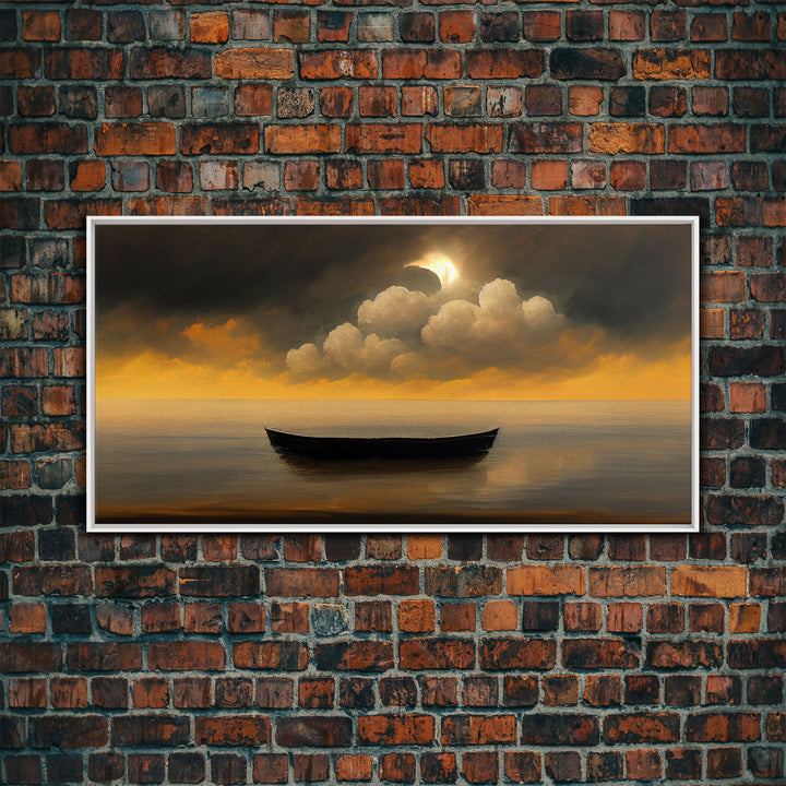 Row boat on a lake canvas print, sunset, watercolor, nature panoramic canvas print