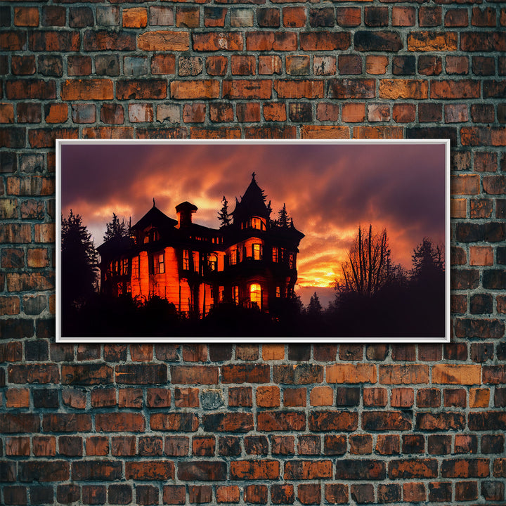 Spooky Halloween Wall Art, Haunted House Canvas Print, Ready to hang canvas, orange creepy house at night, Wall Decor