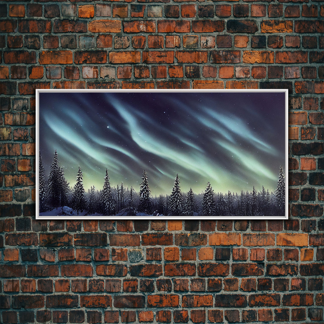 Aurora borealis over a snowy northern forest, canvas print, scenic winter landscape art, northern lights