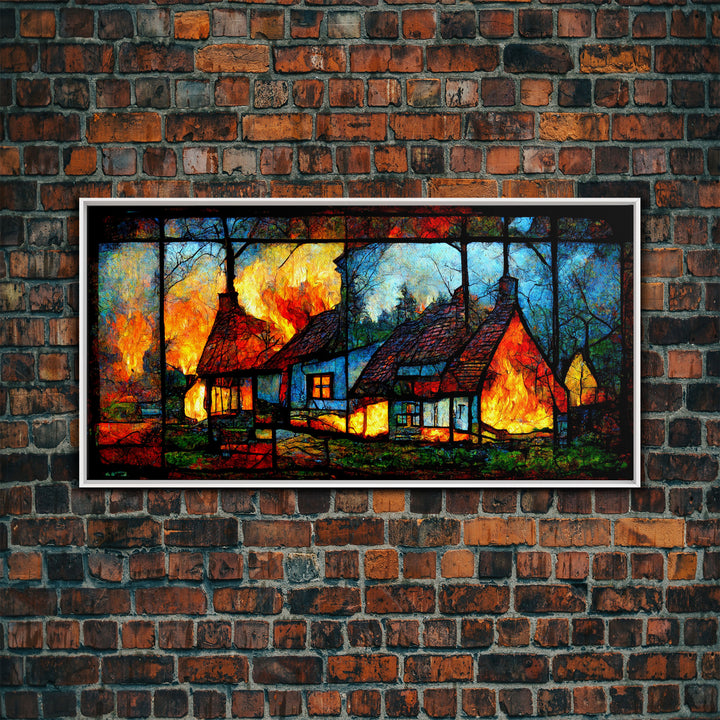 Stained Glass Cottage On Fire, Canvas print, negative art, house on fire depicted in stain glass, cool wall art