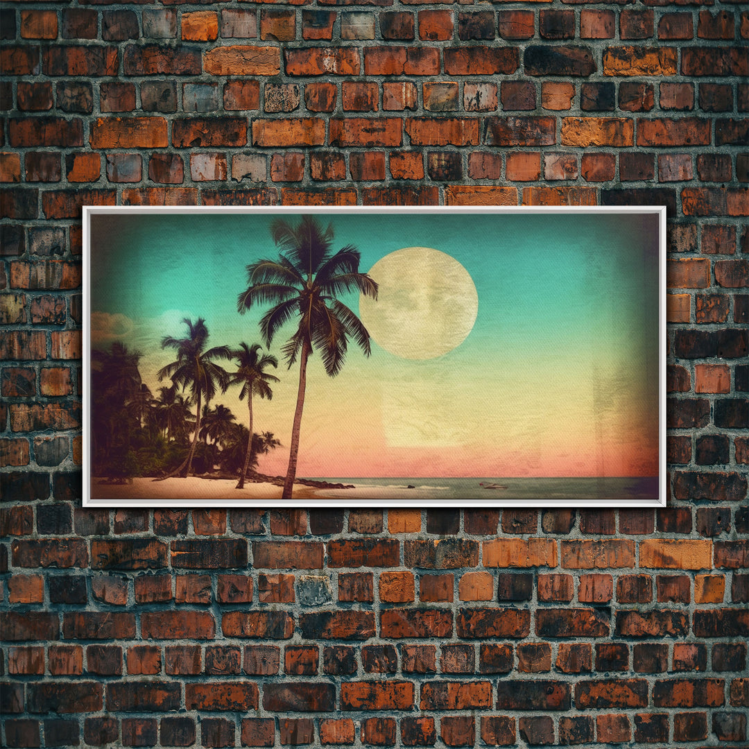 Sunset Over Beach Wall Decor, Tropical Wall Art, Palm Trees Art, Panoramic Wall Decor, Canvas Print, Wall Art, Framed Canvas Art