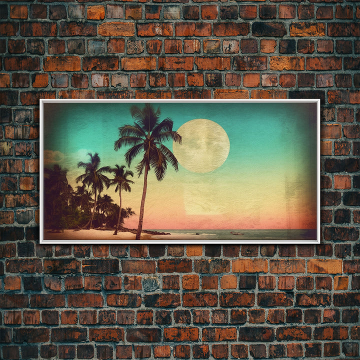 Sunset Over Beach Wall Decor, Tropical Wall Art, Palm Trees Art, Panoramic Wall Decor, Canvas Print, Wall Art, Framed Canvas Art