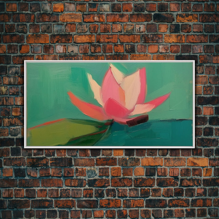 Pink Water Lily Wall Art, Pink Flower, Nature Wall Decor, Oil Painting, Panoramic Wall Decor, Canvas Print, Wall Art, Framed Canvas Art