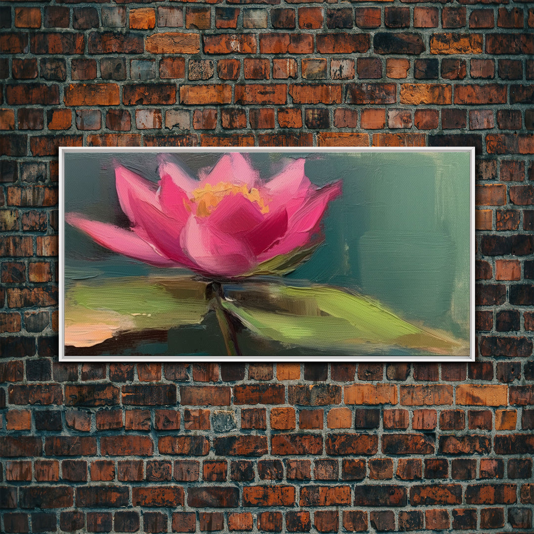 Pink Flower, Pink Water Lily Wall Art, Nature Wall Decor, Oil Painting, Panoramic Wall Decor, Canvas Print, Wall Art, Framed Canvas Art