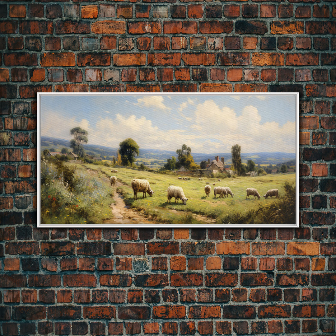 Countryside Painting, Sheep Wall Art, Farm Animals, Farm Art, Panoramic Art, Wall Art, Canvas Art, Landscape Art, Farmhouse Wall Art