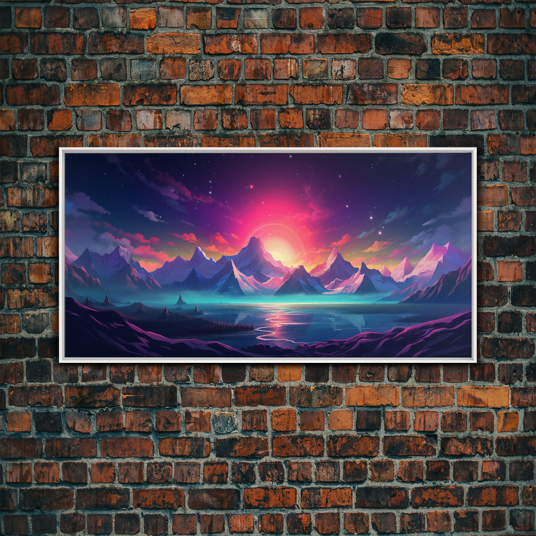 Synthwave Art, Framed Canvas Print, Beautiful Scifi Mountains Wall Art, Alien Planet, Game Room Decor, Gamer Gift For Him