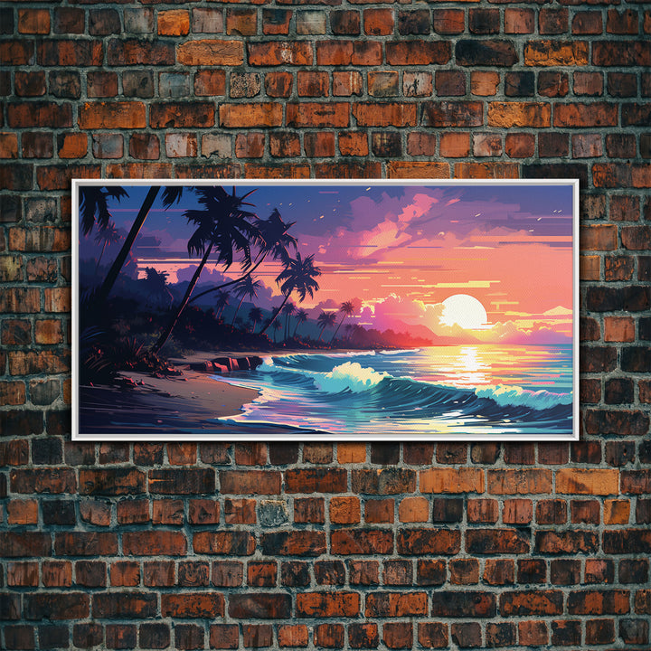 Outrun Vibes, Sunset Over The City and Beach, Palm Tree Decor, Game Room Art, Aesthetic Posters, Retro Art, 80s Vibes, 80s Art