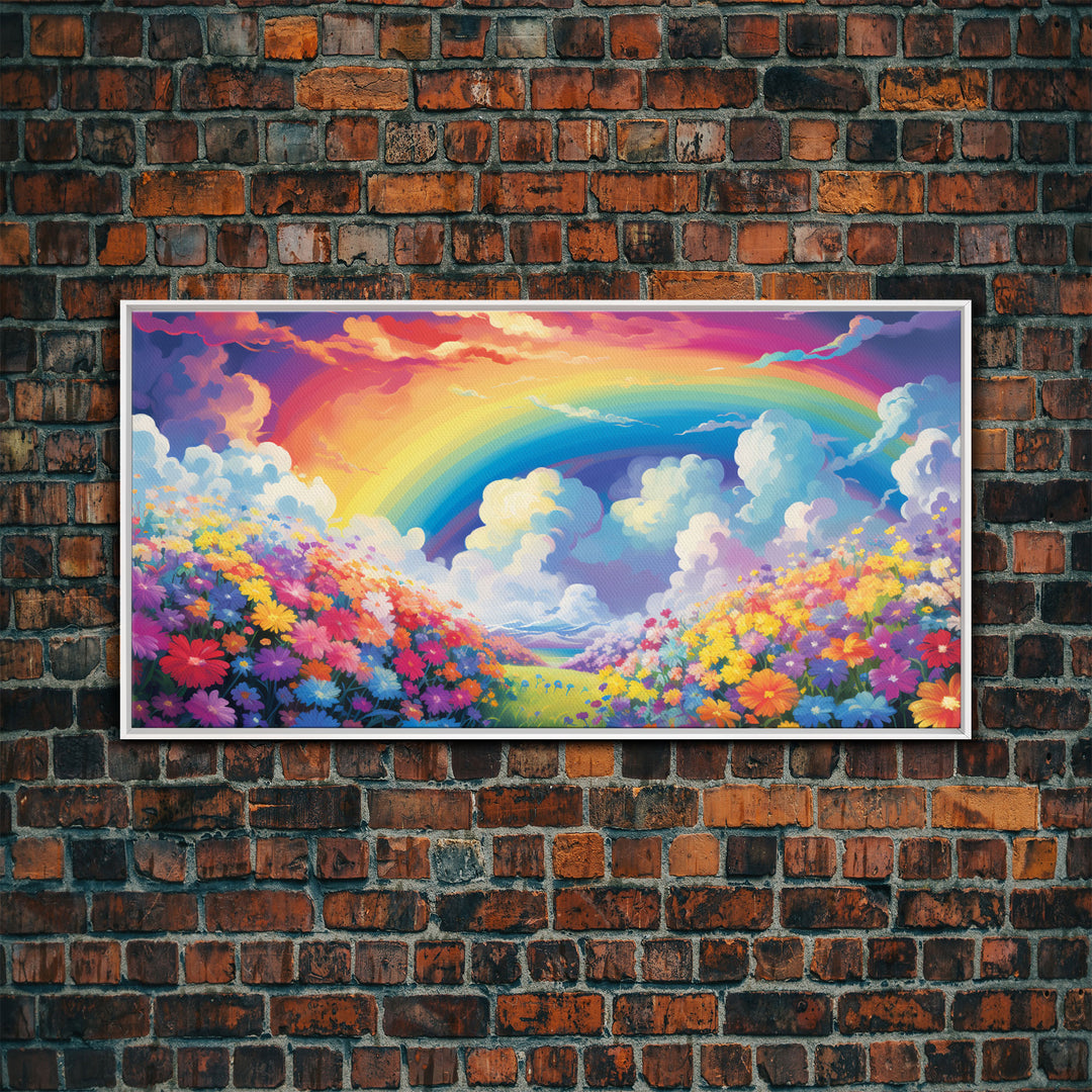 Rainbow Wall Decor, Spring Meadow Print, Wildflower Meadow, Panoramic Art, Wall Art, Canvas Art, Landscape Art, Nursery Wall Art, Kids Art