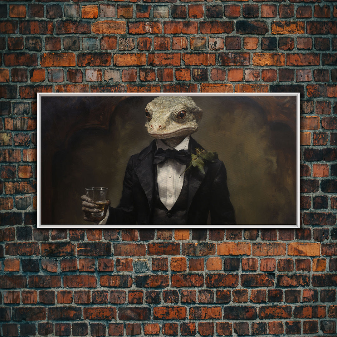 Victorian Gecko Business Man, Witch's Familiar Art, Halloween Decor, Framed Canvas Print, Halloween Wall Art, Victorian Gothic Art