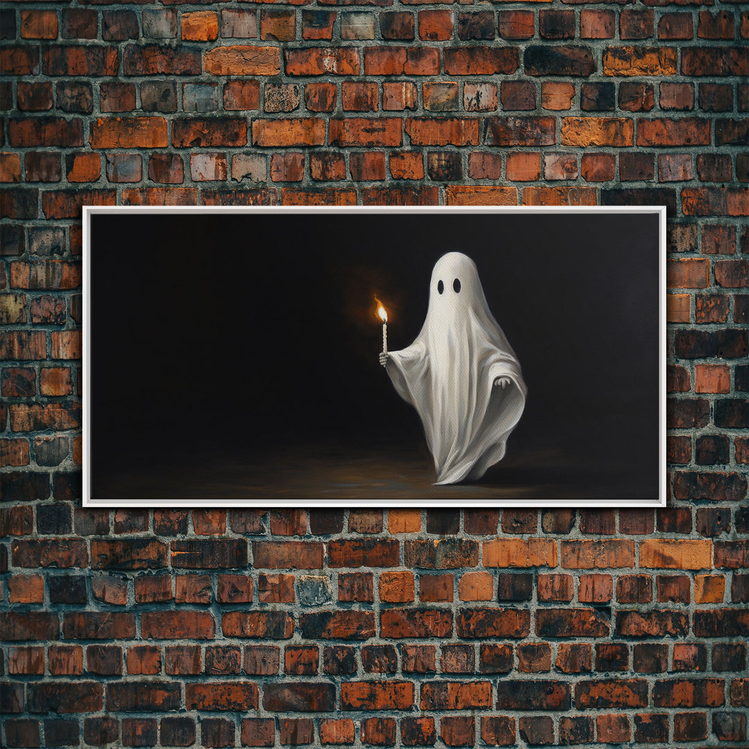 The Ghost With The Candle, Framed Canvas Print, Dark Academia Wall Art, Victorian Oil Painting Style Halloween Wall Art, Ghost Print