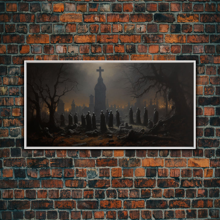 The Haunted Cemetery, Moody and Gloomy Art, Framed Canvas or Poster, Victorian Oil Painting, Dark Academia, Graveyard At Midnight