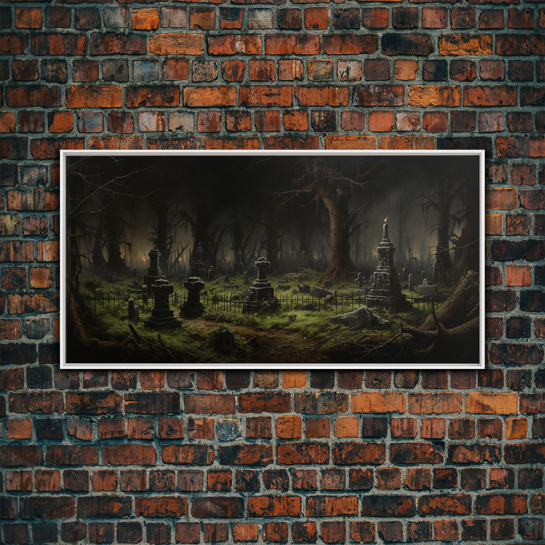 The Haunted Cemetery, Moody and Gloomy Art, Framed Canvas or Poster, Victorian Oil Painting, Dark Academia, Graveyard At Midnight