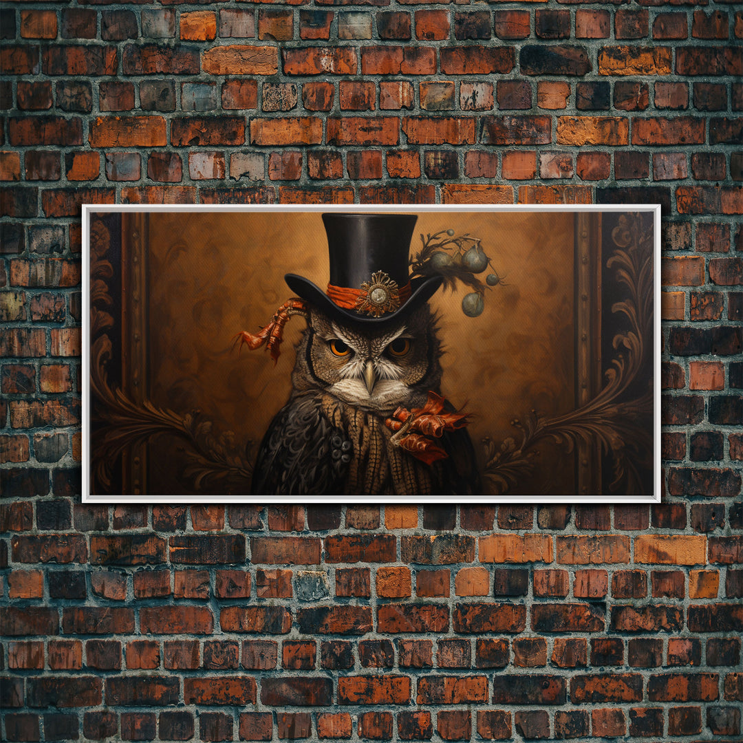 Gothic Victorian Owl Portrait, Framed Canvas Print, Halloween Wall Art, Unique Wall Decor, Owl Painting