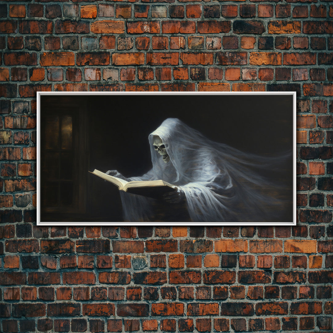 The Reading Ghost, Framed Canvas Print, Victorian Oil Painting Style, Spooky Halloween Decor, Goth Art