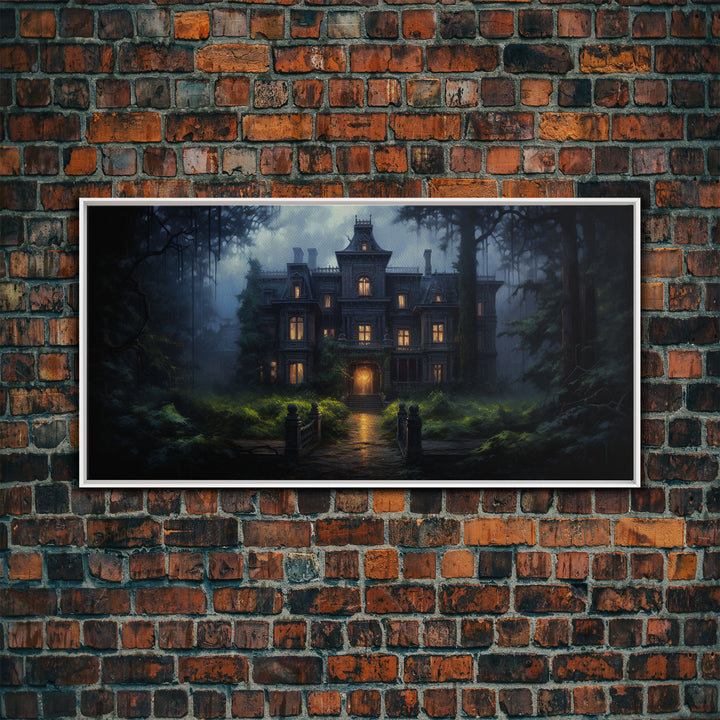 The Haunted House, Spooky Halloween Art, Haunted Victorian Mansion Framed Canvas Print, Horror Prints