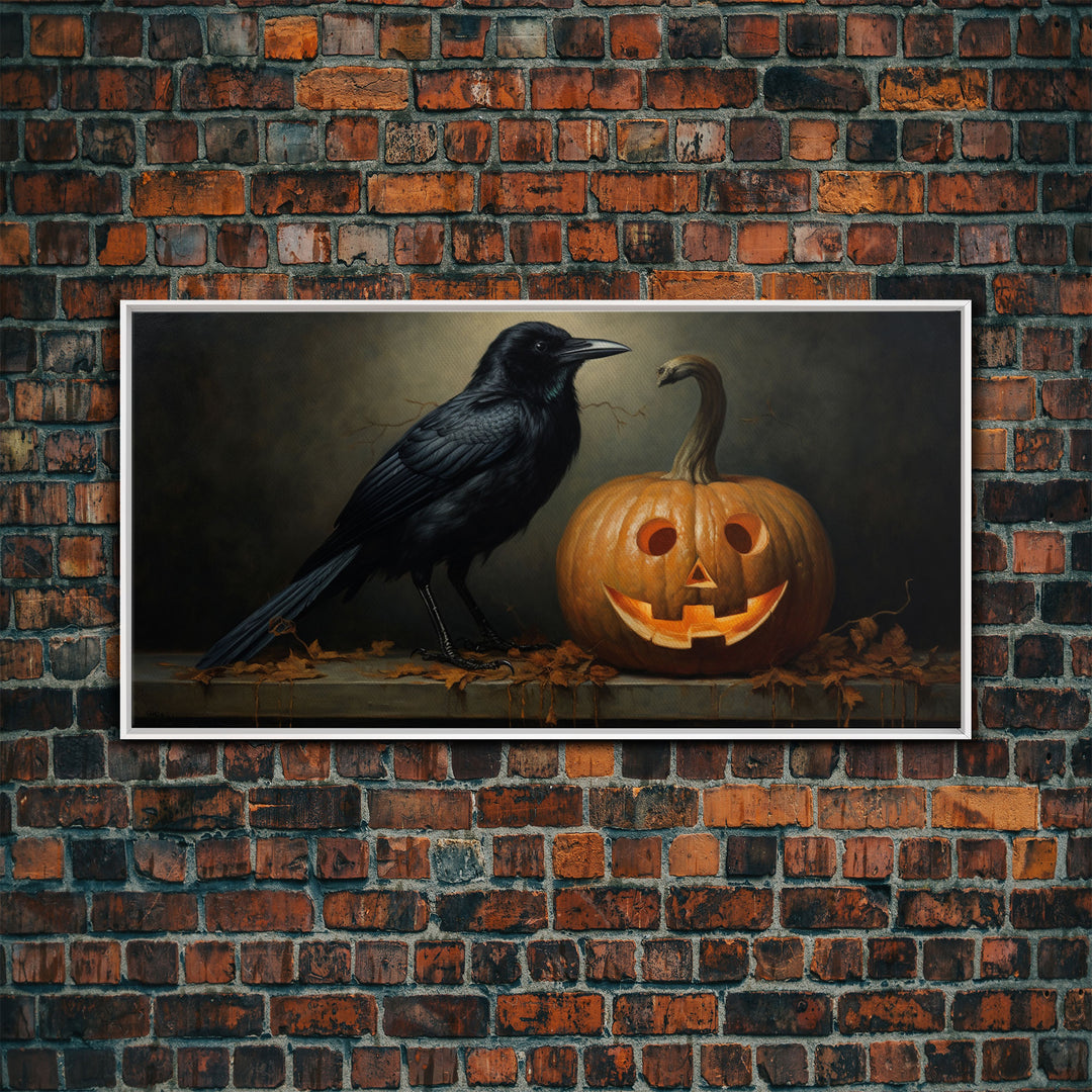 Halloween Decor, Spooky Crow Print, The Raven and The Jack O Lantern, Halloween Wall Art, Victorian Oil Painting, Dark Academia, Goth Art