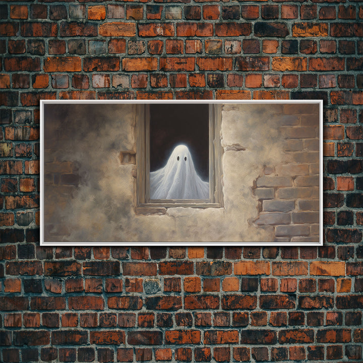 The Ghost In The Window, Funny Halloween Art, Ghost Print, Framed Canvas Art