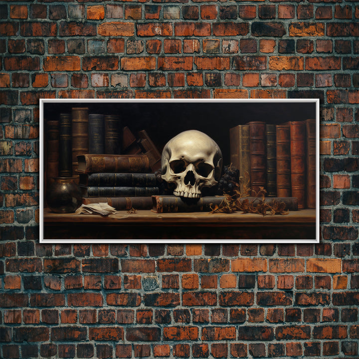 Victorian Gothic Library Art, The Skull On The Shelf, Framed Canvas Print, Halloween Decor, Halloween Art Print