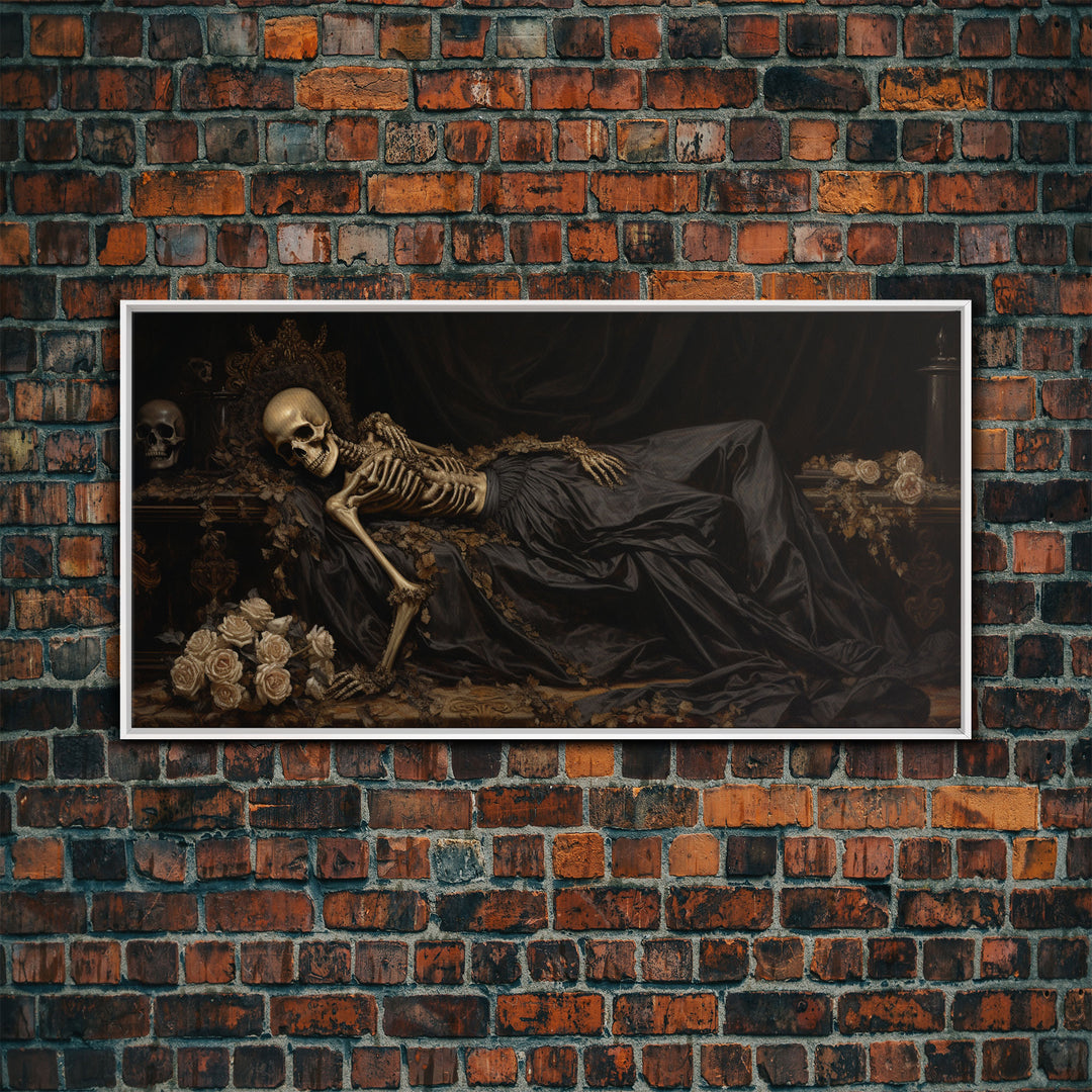 Eternal Slumber, Framed Canvas Print, Creepy Victorian Oil Painting, Halloween Art Prints, The Sleeping Skeleton Painting