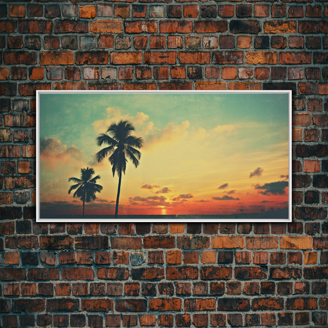 Distressed Old Photo Of Miami Beaches In the 1980s - Framed Canvas Print - Photography Print - Vaporwave Aesthetic Wall Art