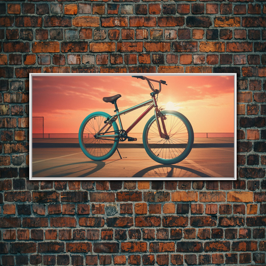 Vaporwave BMX Bike, Framed Canvas Print, Retro Wall Art, Sunset Photography, Bicycle Decor, Bike Rider Gift, Guy Gift