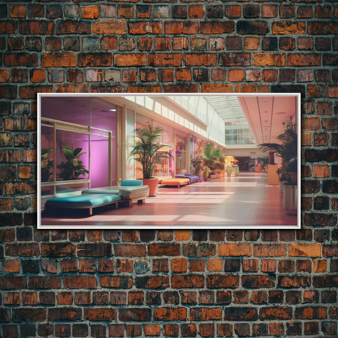 The Mall Before Opening On A Saturday Morning, Framed Canvas Print, Retro Vaporwave Aesthetic 1980s Vibes Wall Art