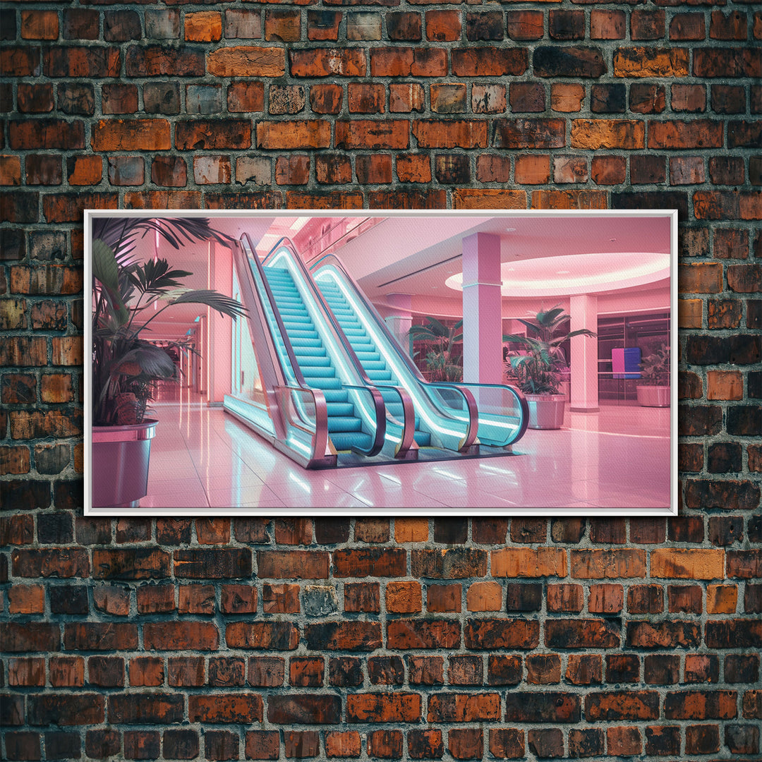 The Mall Before Opening On A Saturday Morning, Framed Canvas Print, Retro Vaporwave Aesthetic 1980s Vibes Wall Art