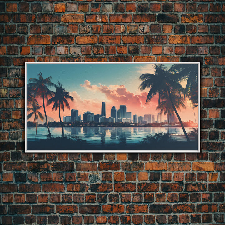 Miami Skyline At Sunrise, Framed Canvas Print, Vaporwave Aesthetic Wall Art, Framed Canvas Art, 1980s Art, Retro Decor