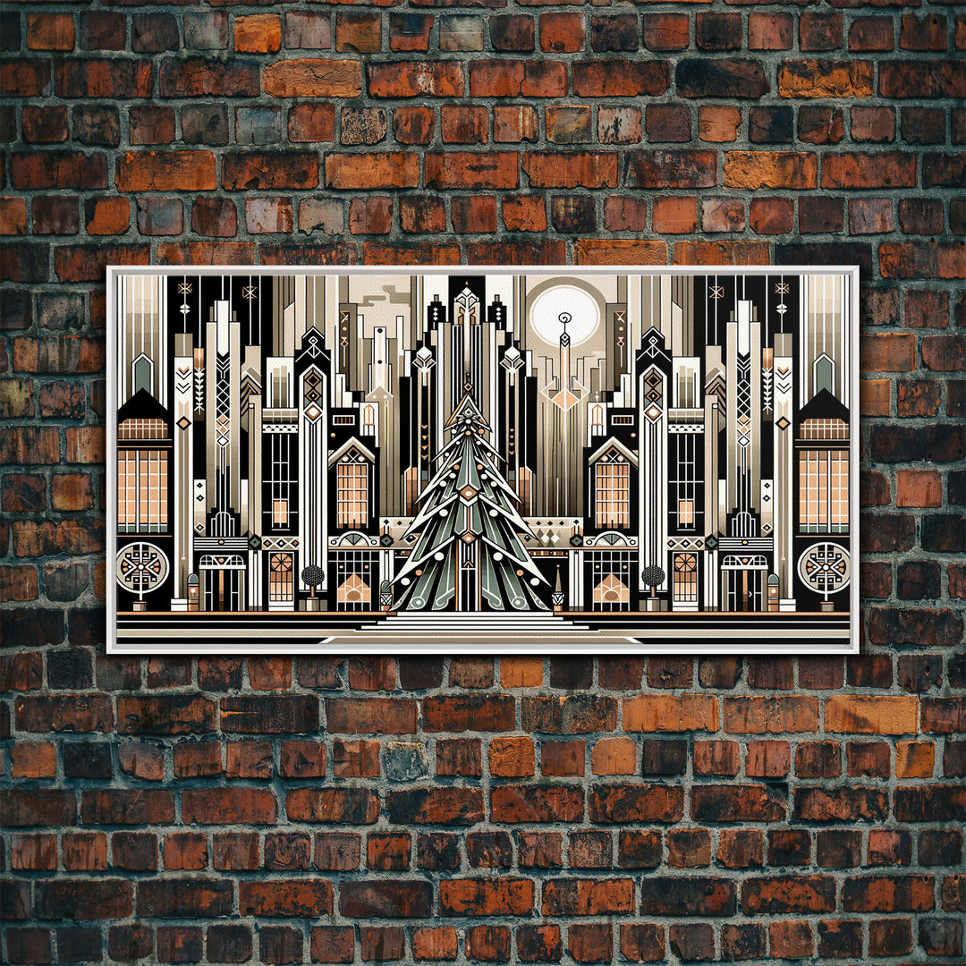 Art Deco Pattern Christmas Village - Framed Canvas Print - Retro Xmas Art - Christmas Decor - Christmas Wall Art - Christmas Art