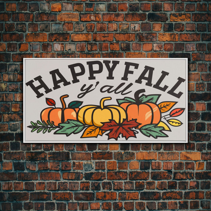 Happy Fall Y'all Typography Wall Art - Framed Canvas Print - Rustic Fall Sign - Thanksgiving Sign - Minimalist Farmhouse Primitive Art