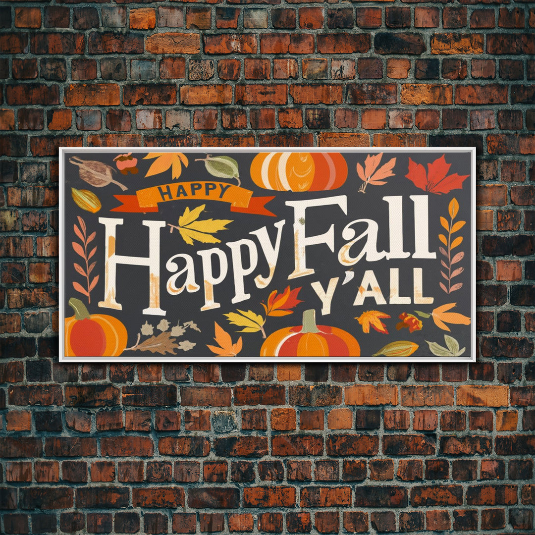 Happy Fall Y'all Typography Wall Art - Framed Canvas Print - Rustic Fall Sign - Thanksgiving Sign - Minimalist Farmhouse Primitive Art