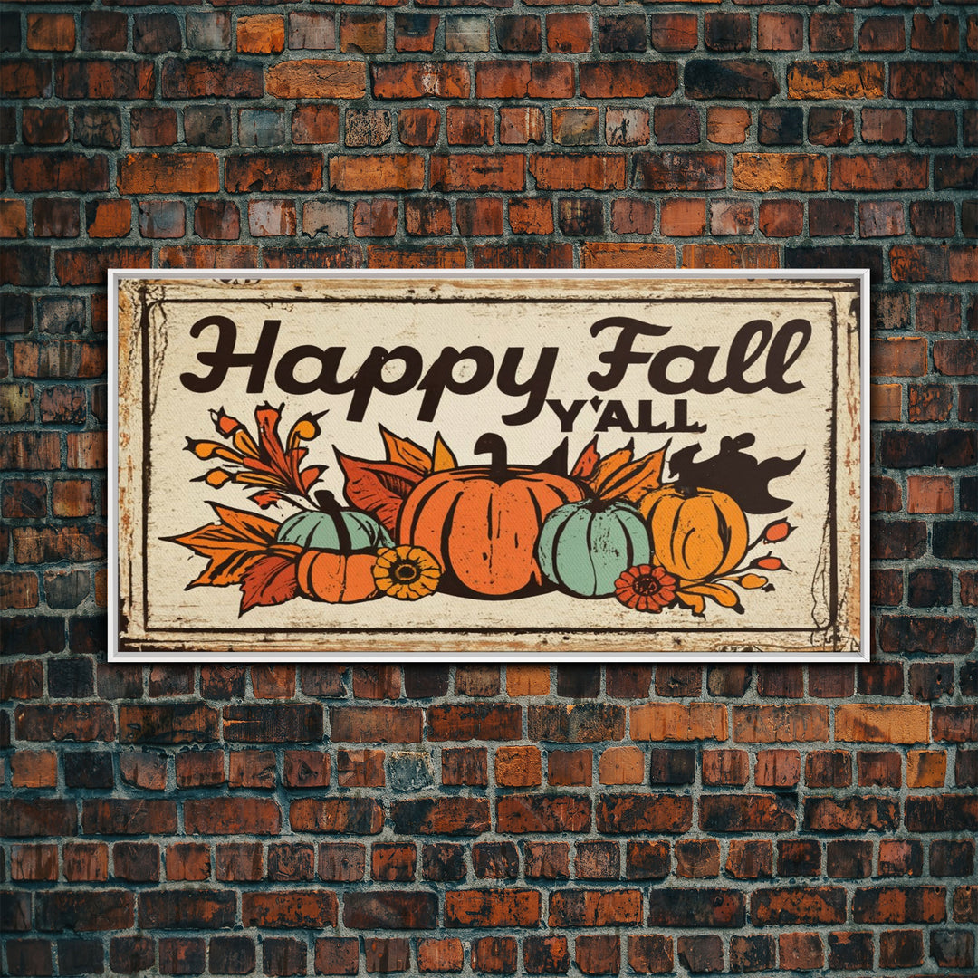 Happy Fall Y'all Typography Art, Rustic Farmhouse Decor, Framed Canvas Print, Canvas Sign, Fall Sign, Thanksgiving Sign Primitive Wall Art