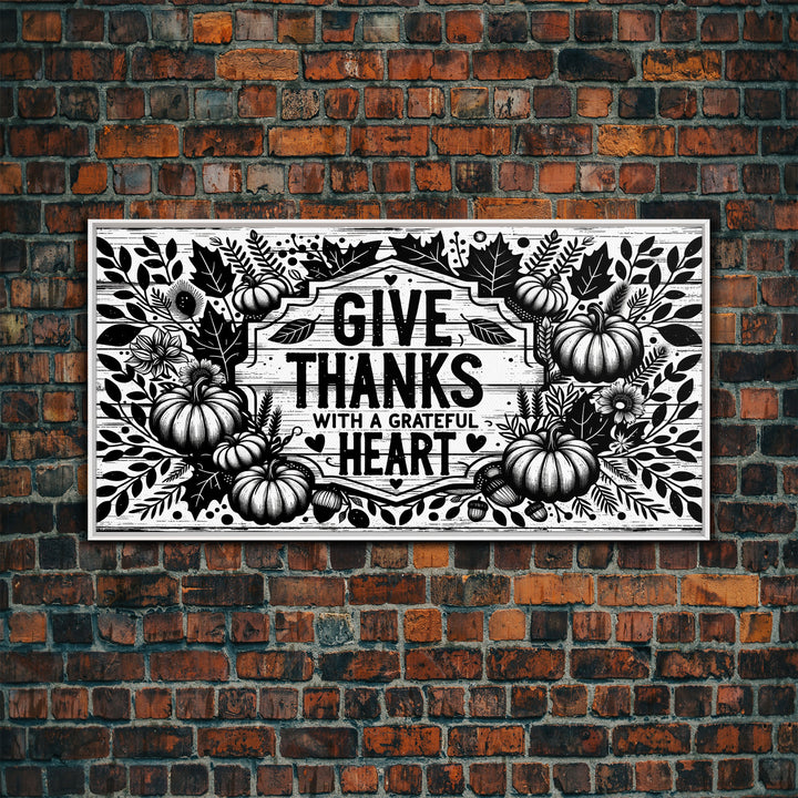 Give Thanks With A Grateful Heart Modern Farmhouse Wall Decor, Dining Room Wall Sign Kitchen Decor Large Framed Canvas Print, Fall Wall Art