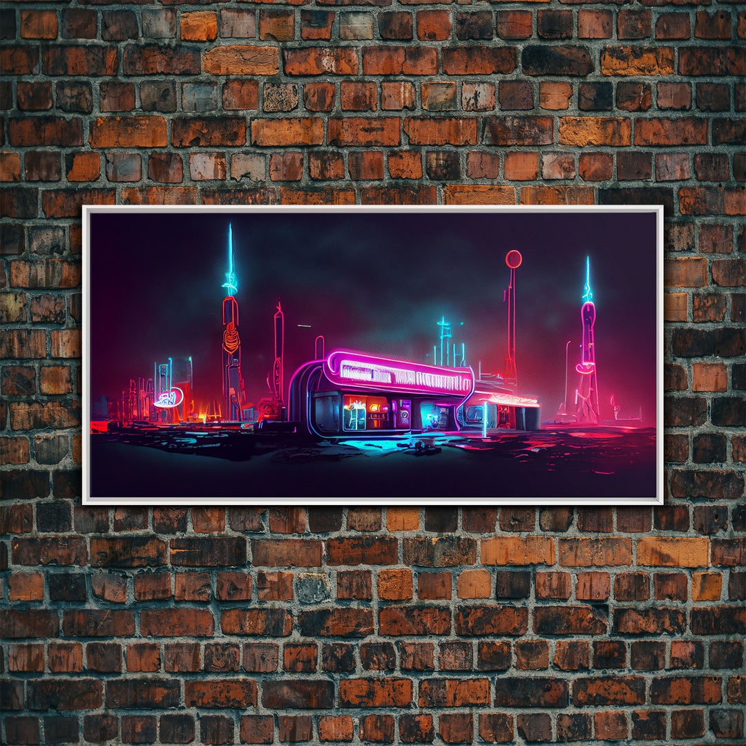 Neon Cyberpunk Diner, Retrofuturism, Framed Ready To Hang Canvas Print, beautiful wall art, guest room decor